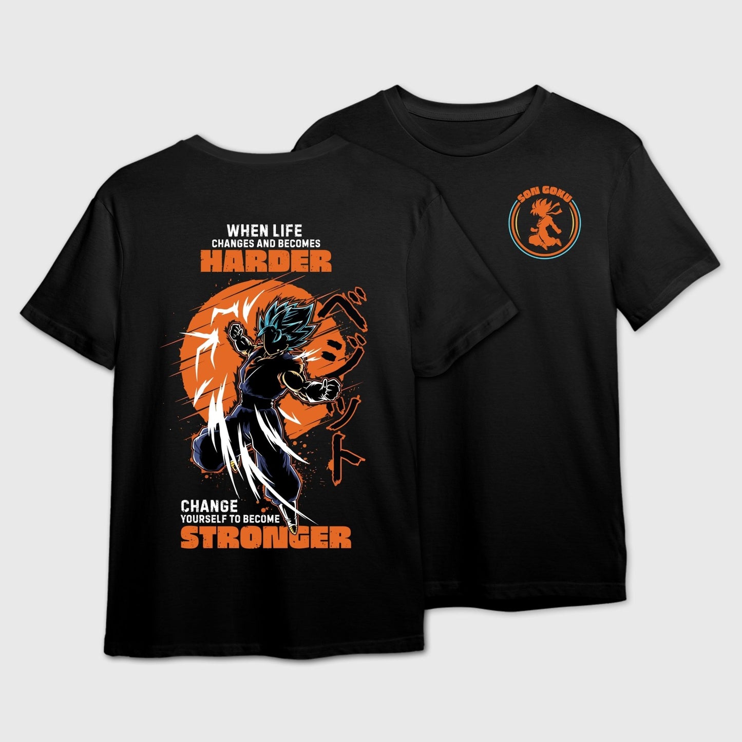 Black t-shirt with motivational graphic and text on the back and Son Goku logo on the front.