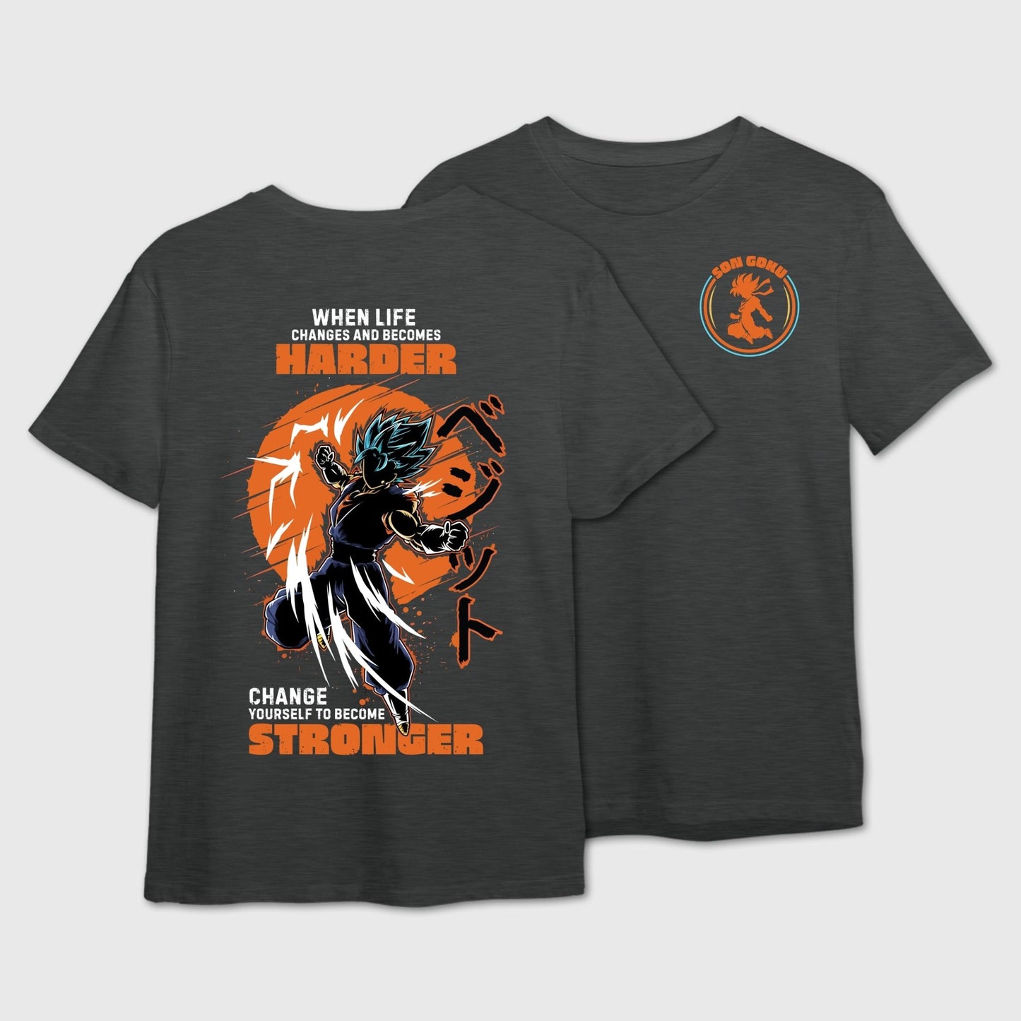 Charcoal Melange t-shirt with motivational graphic and text on the back and Son Goku logo on the front.