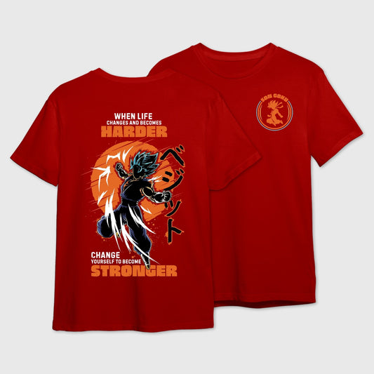 Red t-shirt with motivational graphic and text on the back and Son Goku logo on the front.