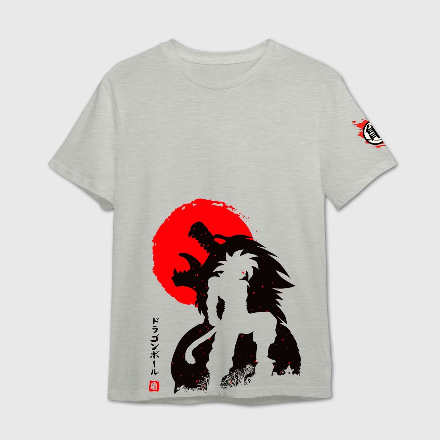 Grey Melange t-shirt with black silhouette design of Goku Primal character and red sun