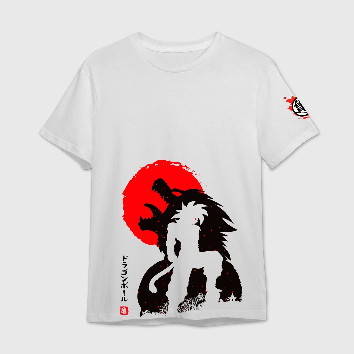 White t-shirt with black silhouette design of Goku Primal character and red sun