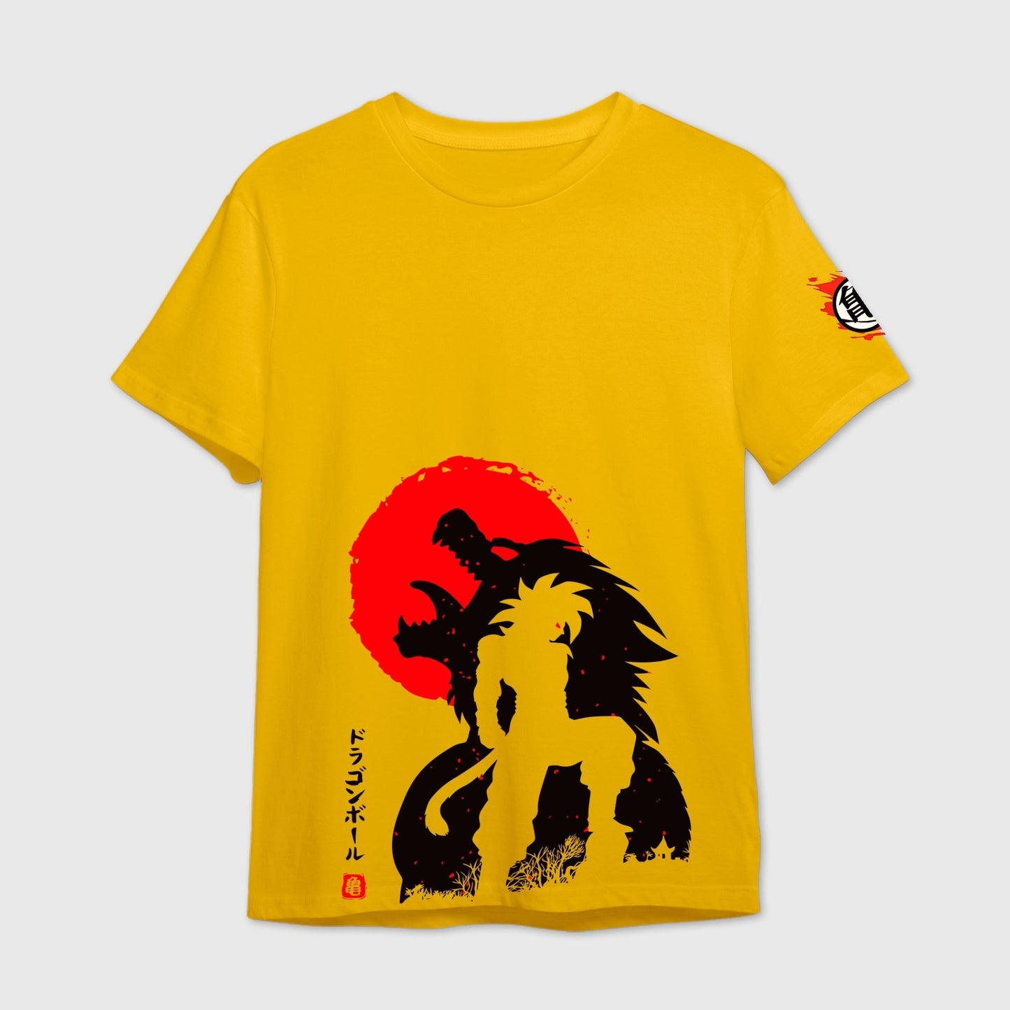Yellow t-shirt with black silhouette design of Goku Primal character and red sun