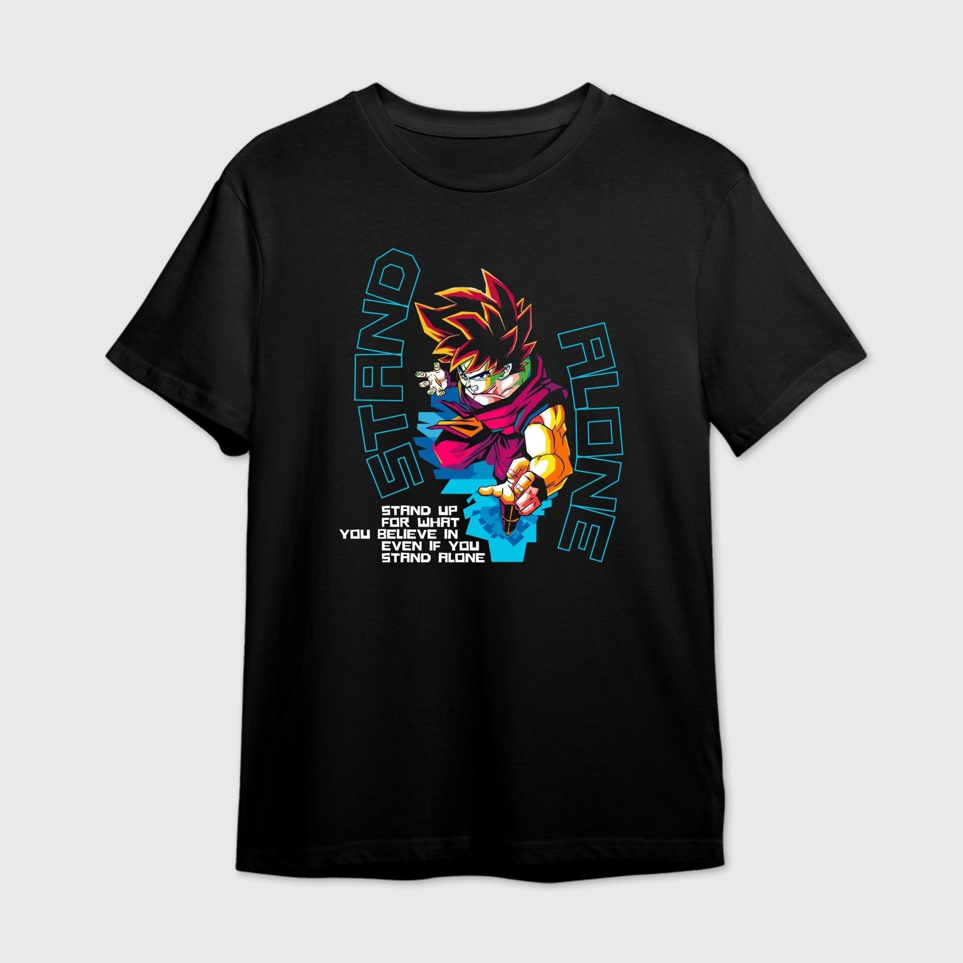 Black t-shirt with motivational text and colorful Goku graphic design