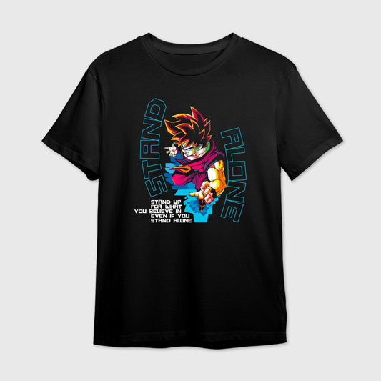Black t-shirt with motivational text and colorful Goku graphic design