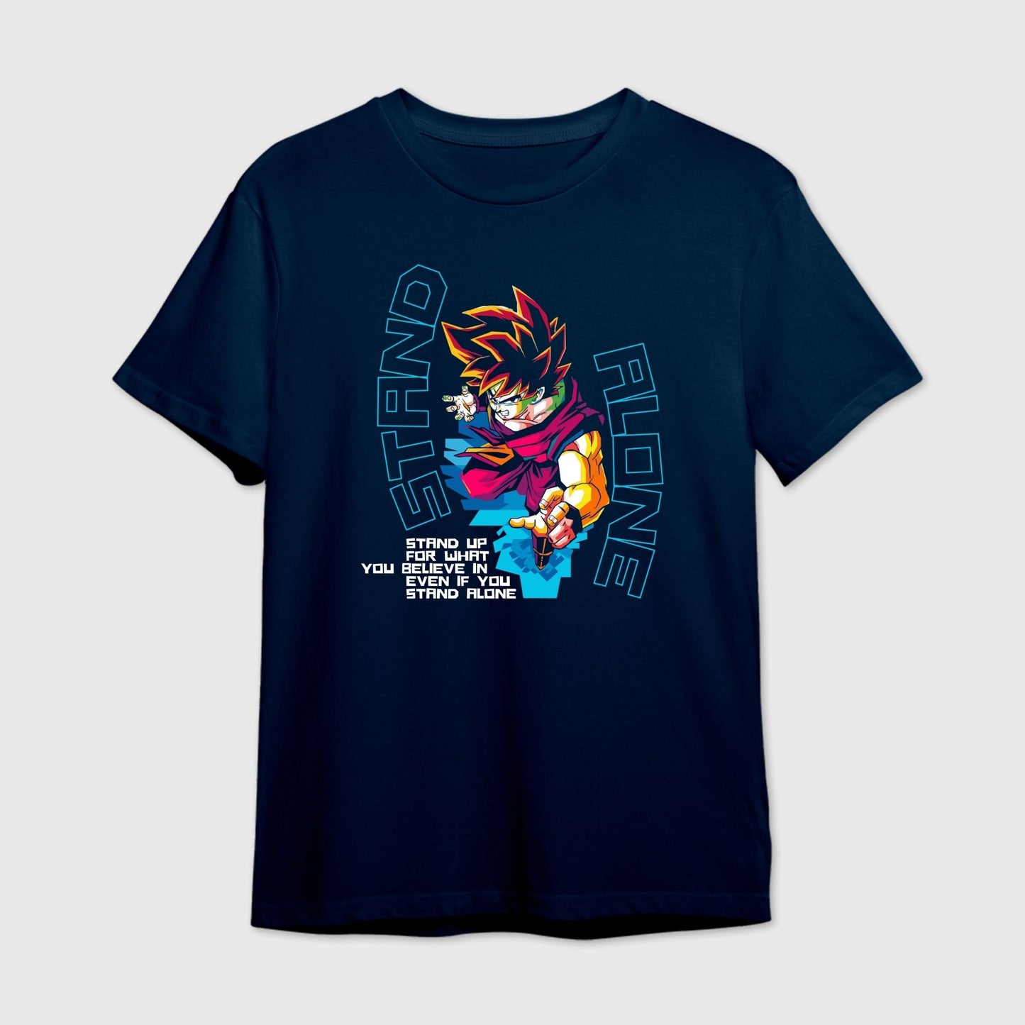 Navy blue t-shirt with motivational text and colorful Goku graphic design