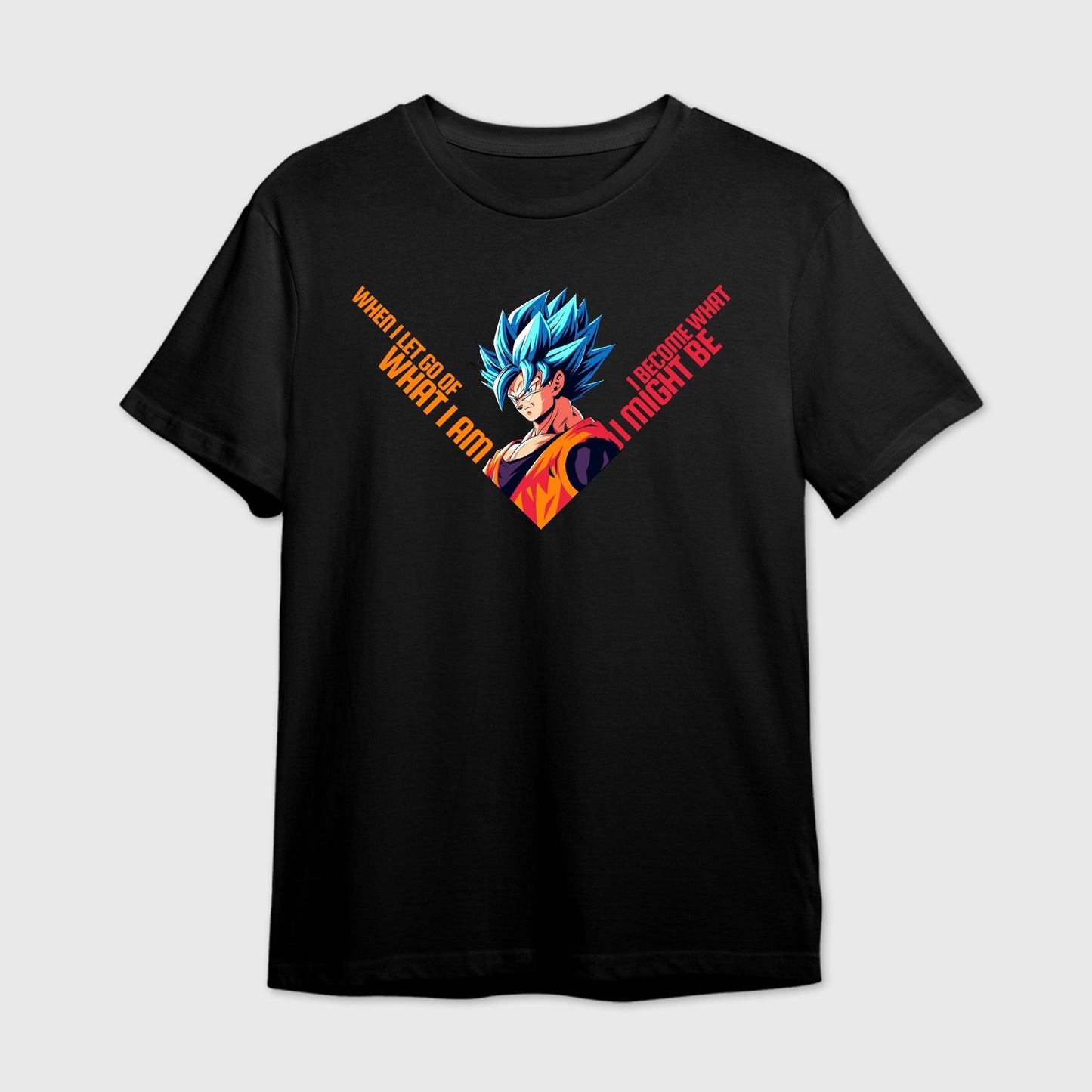 Black t-shirt with a graphic design on a light gray background