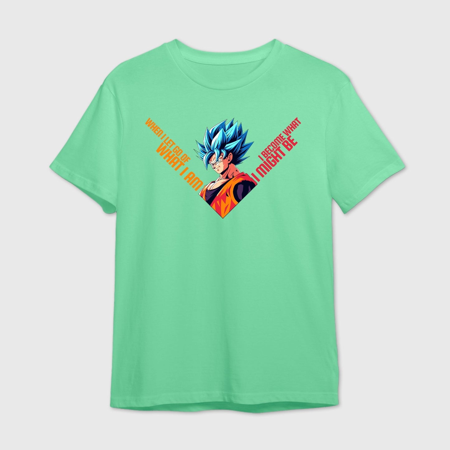 Mint Green t-shirt with motivational text and colorful Goku graphic design at the center