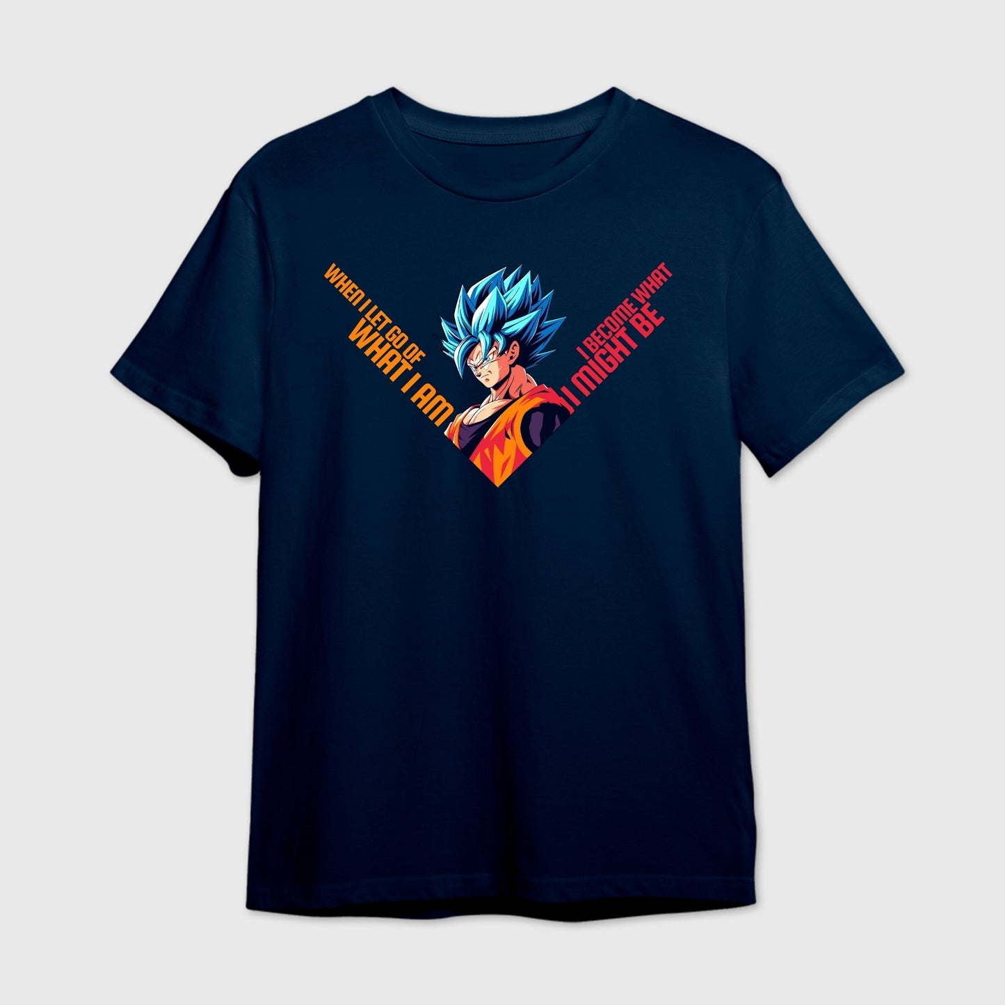 Navy blue t-shirt with motivational text and colorful Goku graphic design at the center