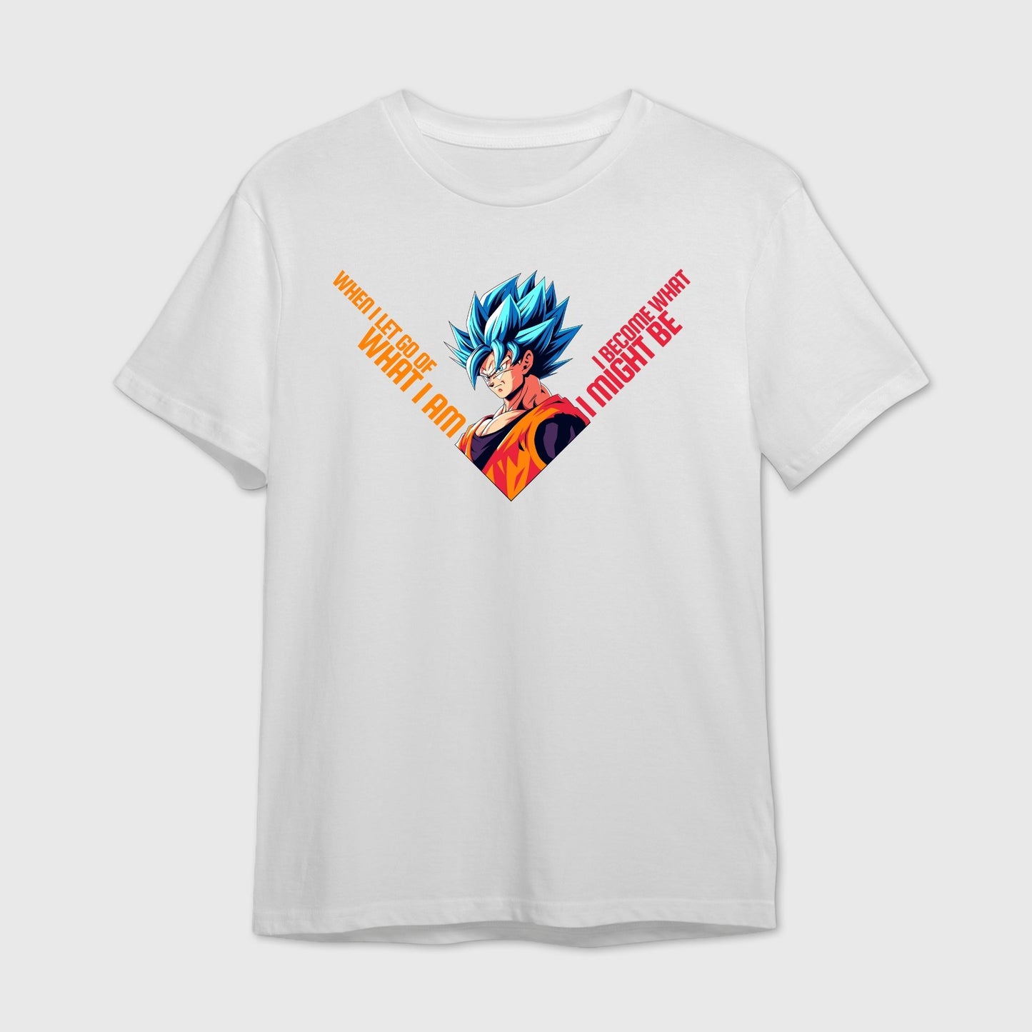 White t-shirt with motivational text and colorful Goku graphic design at the center