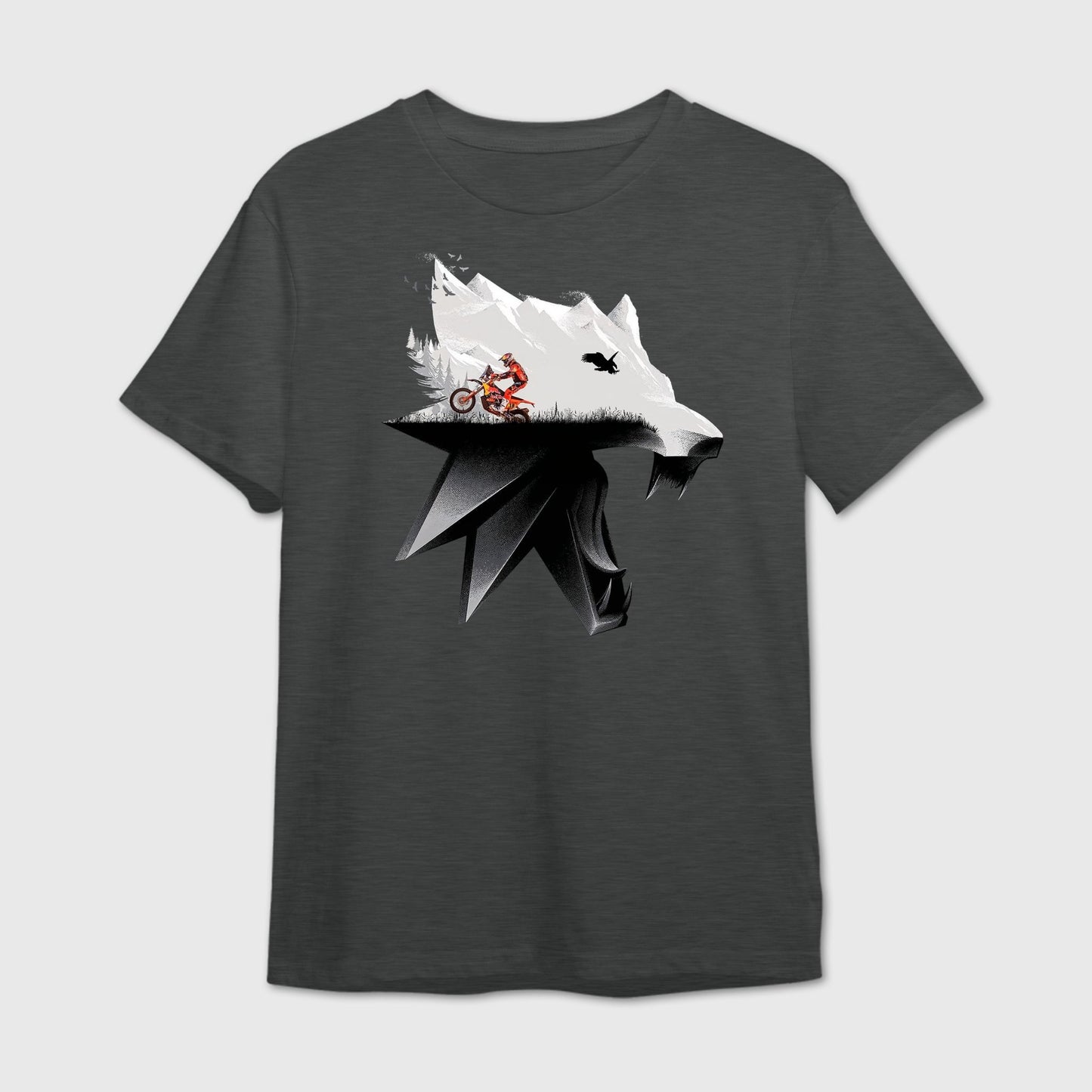 Dark Gray t-shirt with mountain peaks and rally racing blended within a fierce wolf face 