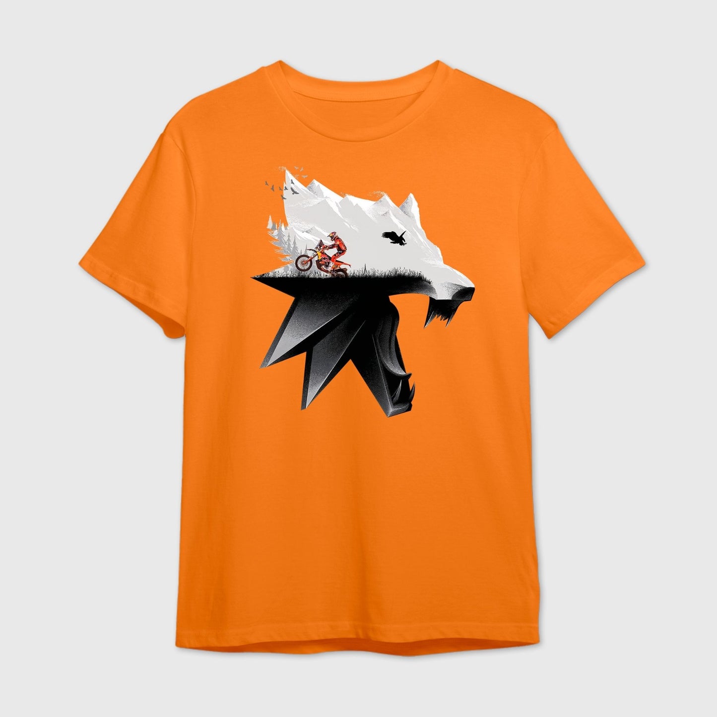 Orange t-shirt with mountain peaks and rally racing blended within a fierce wolf face 