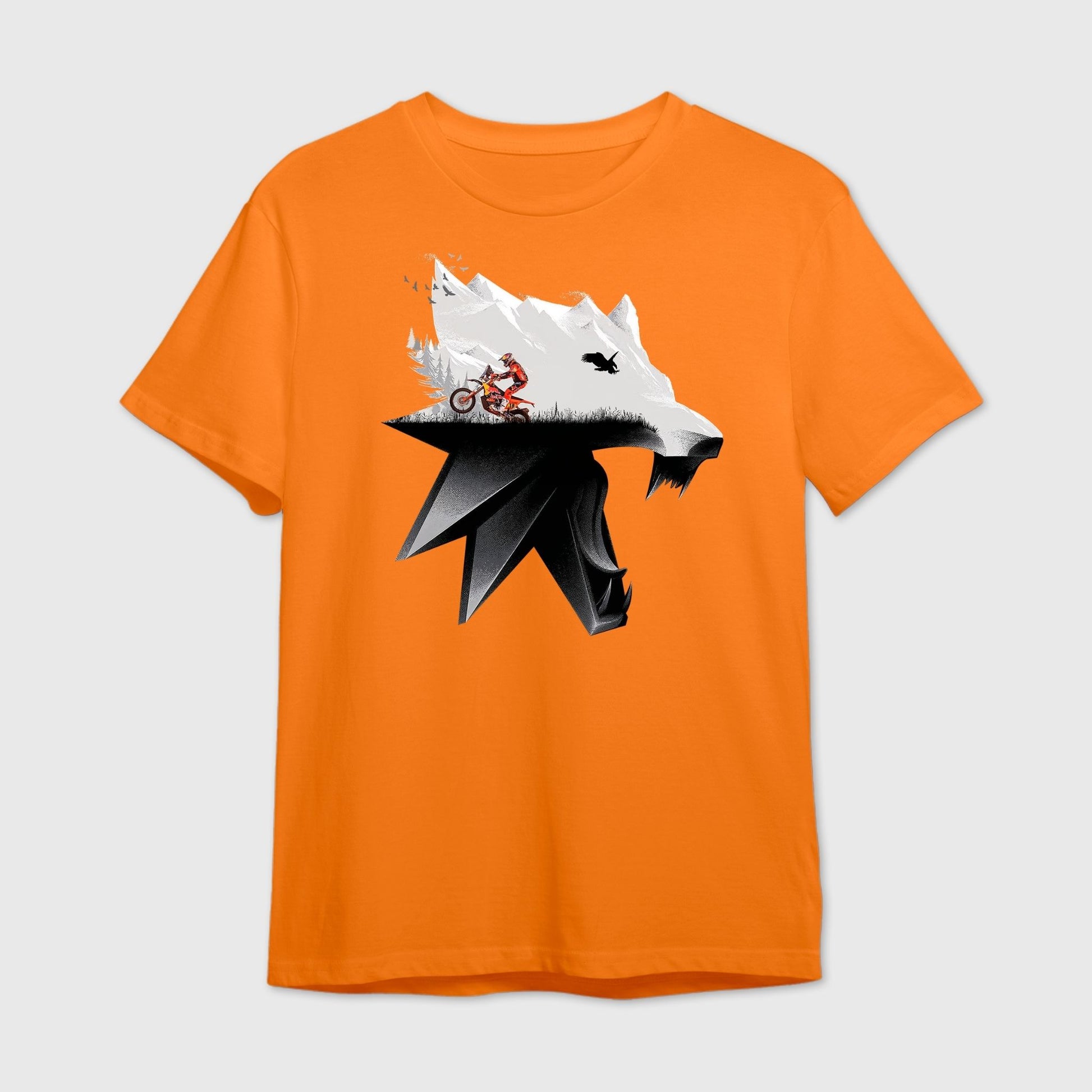 Orange t-shirt with mountain peaks and rally racing blended within a fierce wolf face 