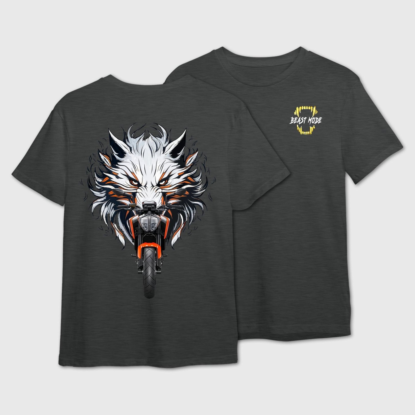 Dark grey t-shirt with a wolf and motorcycle fusion graphic on the front and 'Beast Mode' logo on the back.