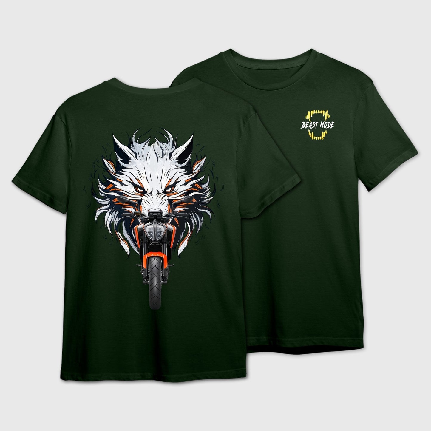 Dark Green t-shirt with a wolf and motorcycle fusion graphic on the front and 'Beast Mode' logo on the back.