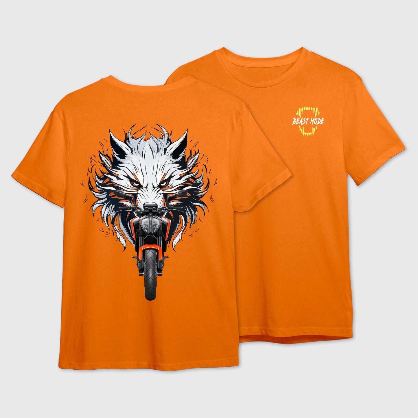 Orange t-shirt with a wolf and motorcycle fusion graphic on the front and 'Beast Mode' logo on the back.