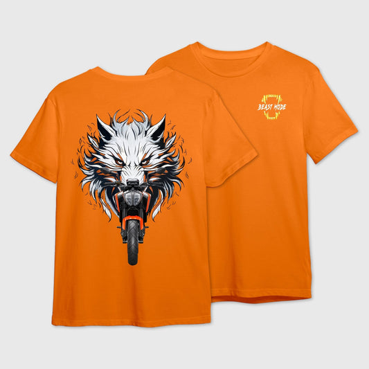Orange t-shirt with a wolf and motorcycle fusion graphic on the front and 'Beast Mode' logo on the back.