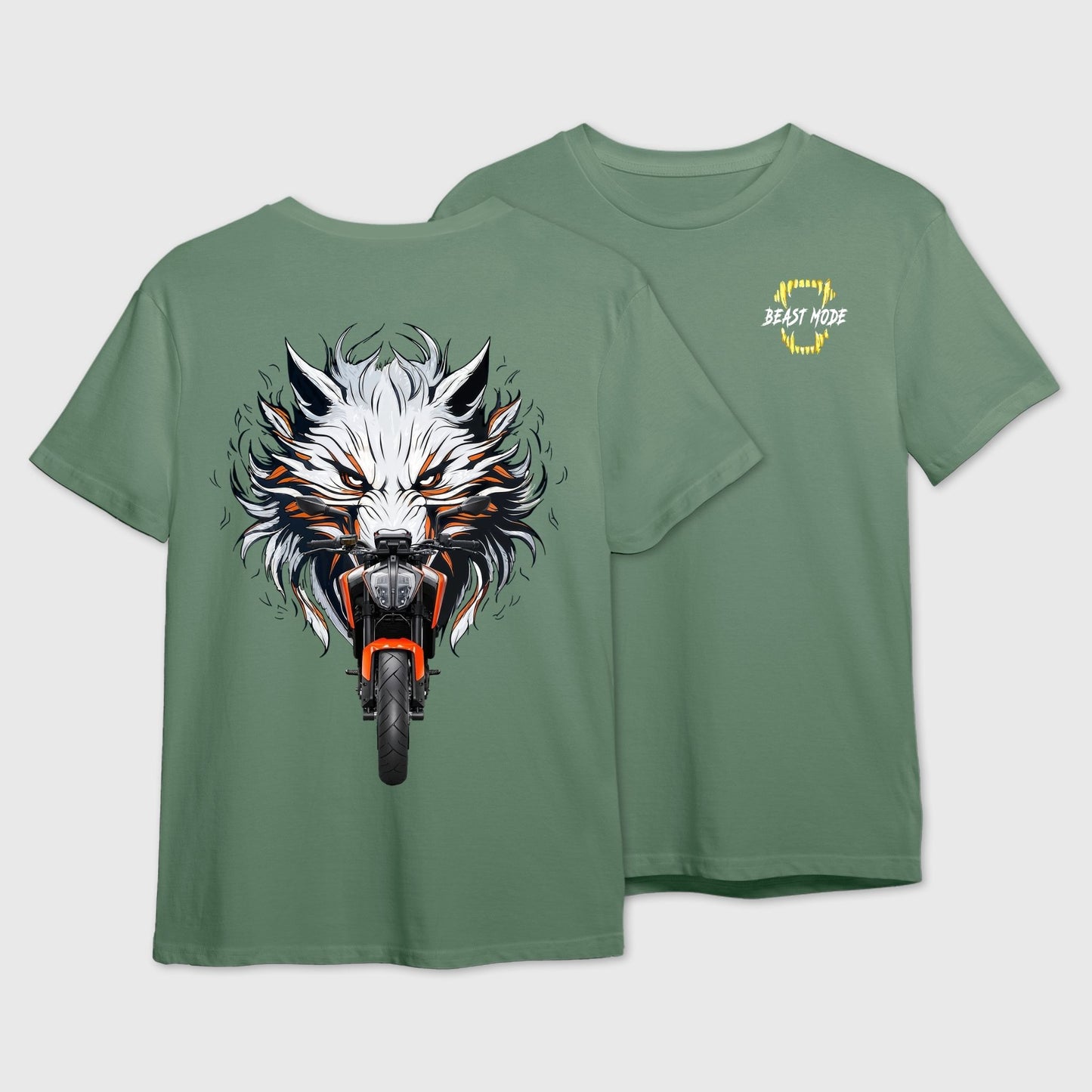 Sage Green t-shirt with a wolf and motorcycle fusion graphic on the front and 'Beast Mode' logo on the back.
