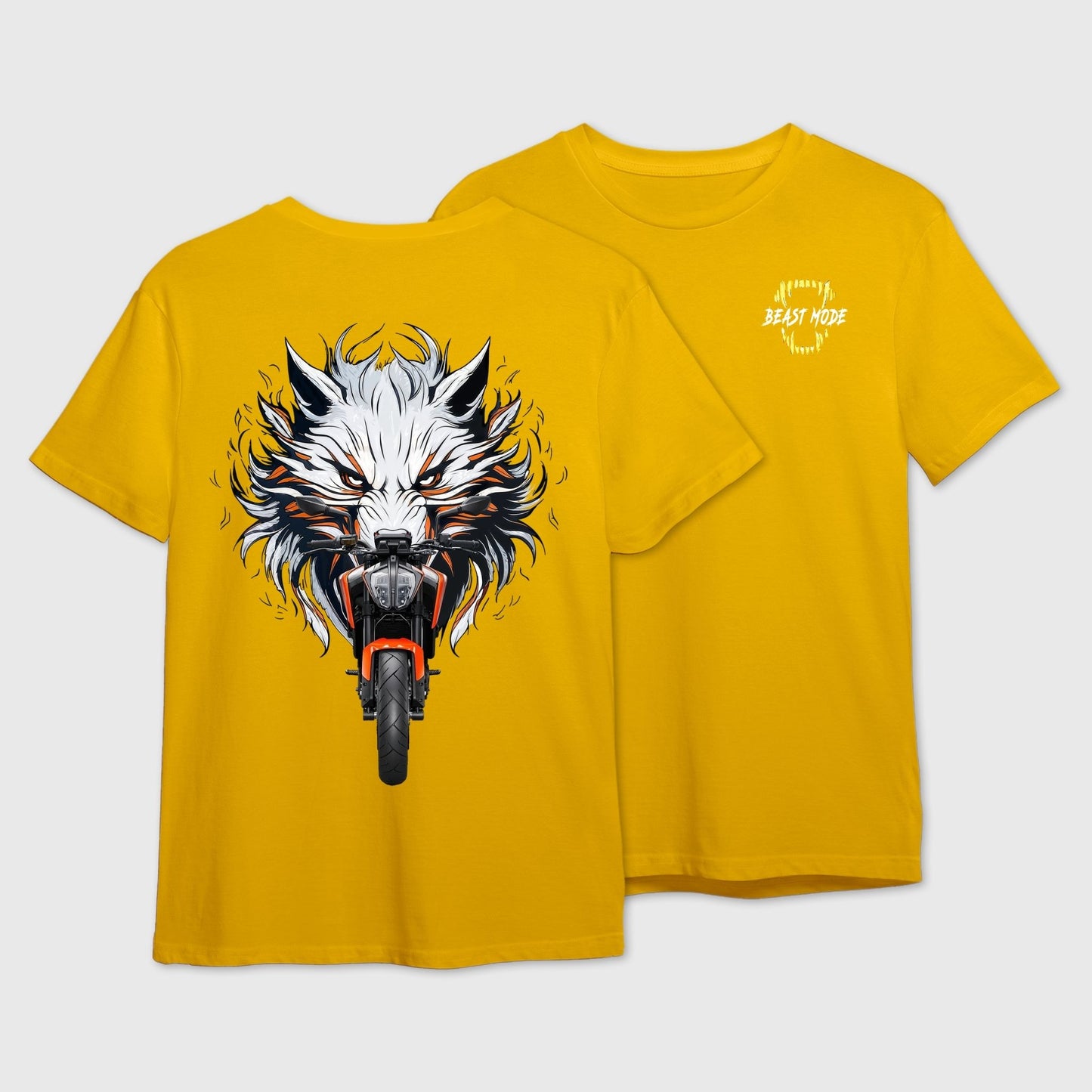 Yellow t-shirt with a wolf and motorcycle fusion graphic on the front and 'Beast Mode' logo on the back.