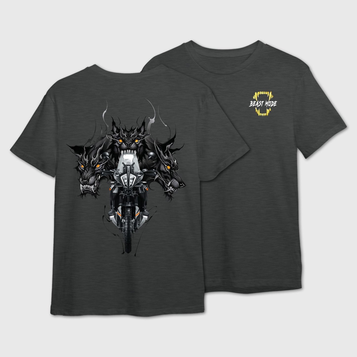 Dark Grey t-shirt with graphic fusion of 3 headed black dragon and motorbike on the back and 'Beast Mode' logo on the front