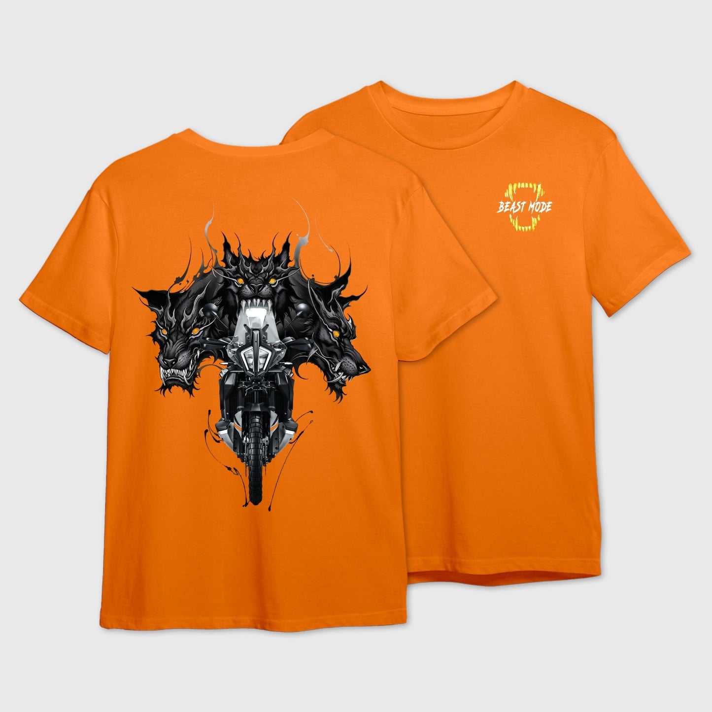 Orange t-shirt with graphic fusion of 3 headed black dragon and motorbike on the back and 'Beast Mode' logo on the front