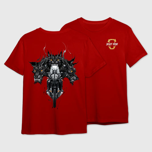 Red t-shirt with graphic fusion of 3 headed black dragon and motorbike on the back and 'Beast Mode' logo on the front