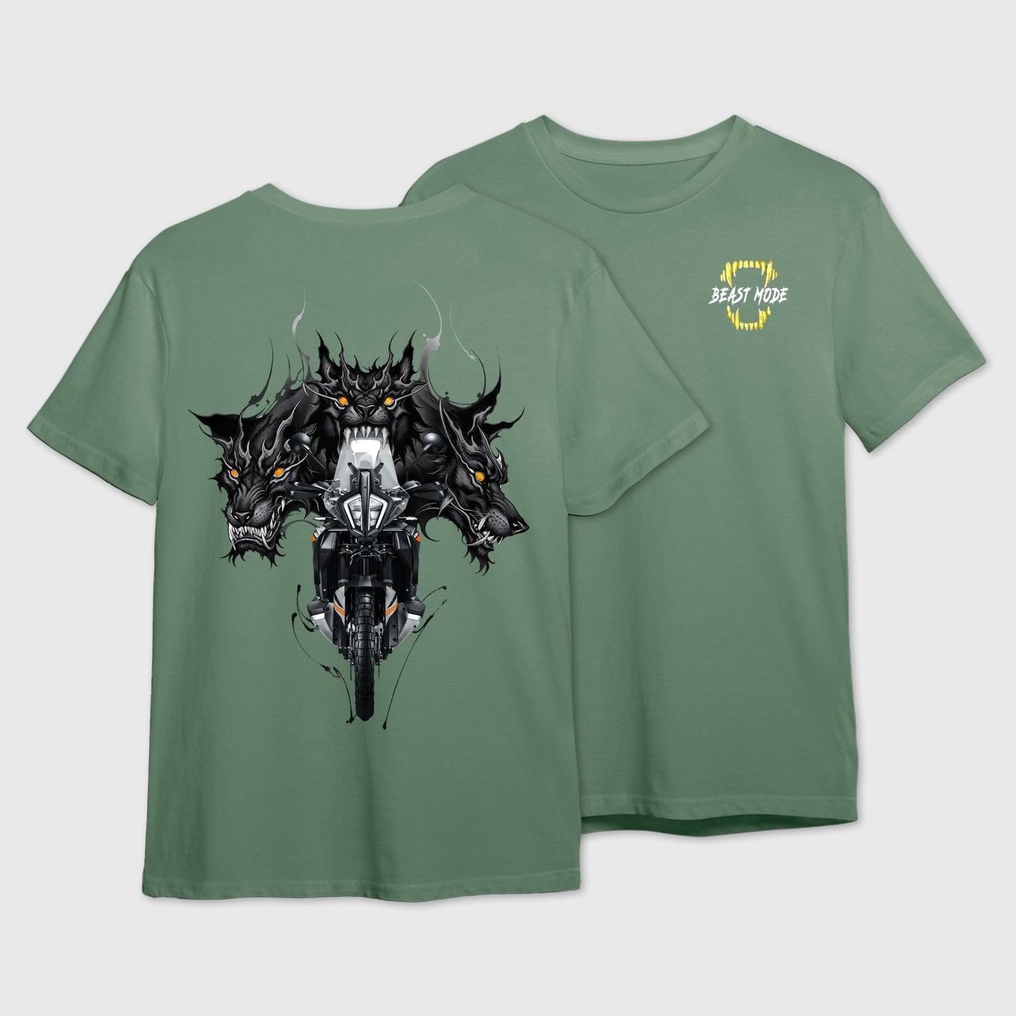 Sage green t-shirt with graphic fusion of 3 headed black dragon and motorbike on the back and 'Beast Mode' logo on the front