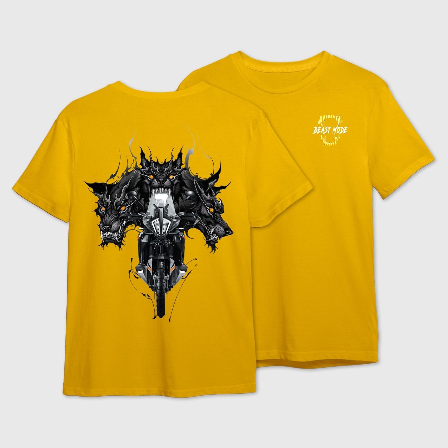 Yellow t-shirt with graphic fusion of 3 headed black dragon and motorbike on the back and 'Beast Mode' logo on the front