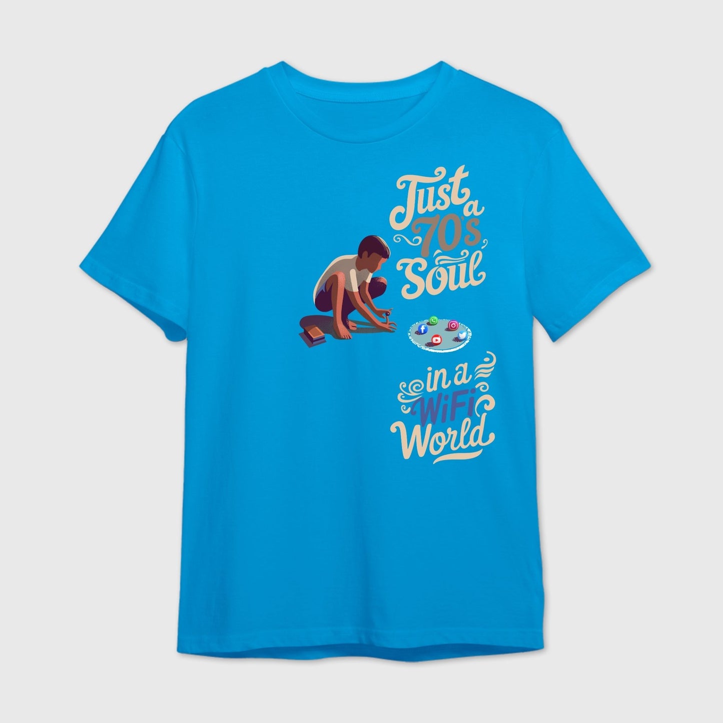 Blue t-shirt with graphic design and text