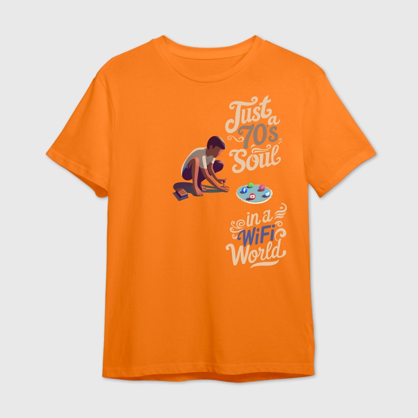 Orange t-shirt with graphic design and text 