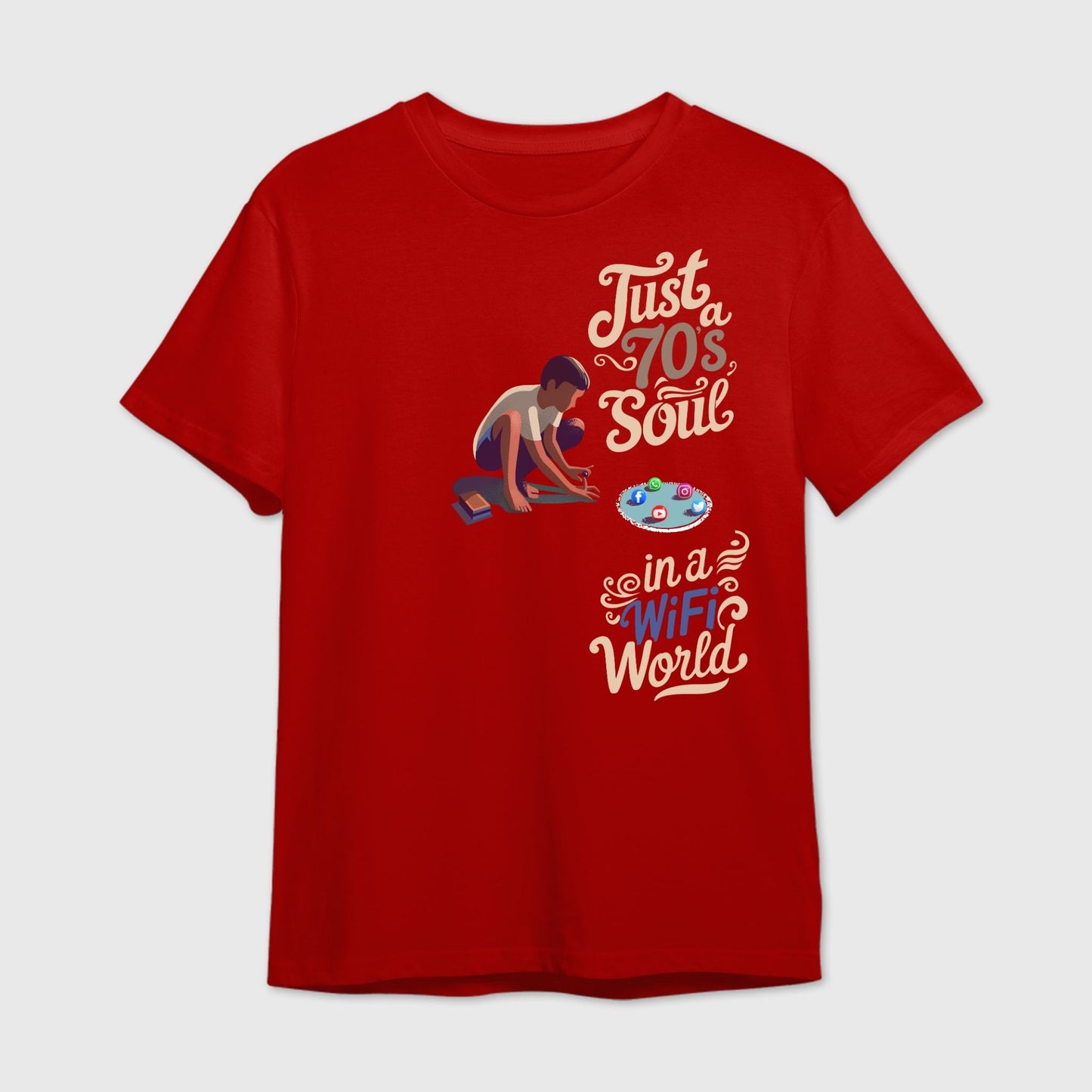 Red t-shirt with graphic design and text 