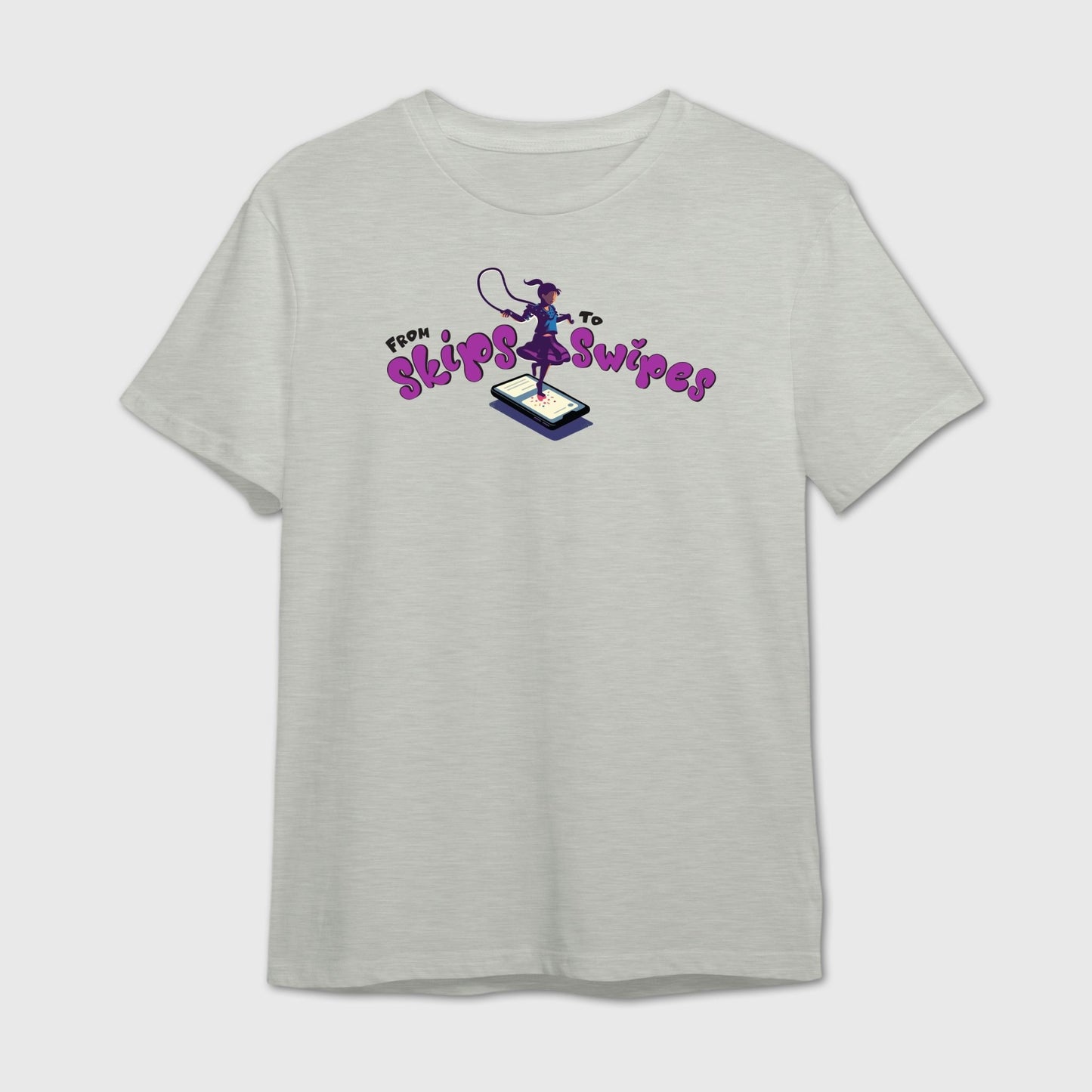 Grey t-shirt with graphic design and text 