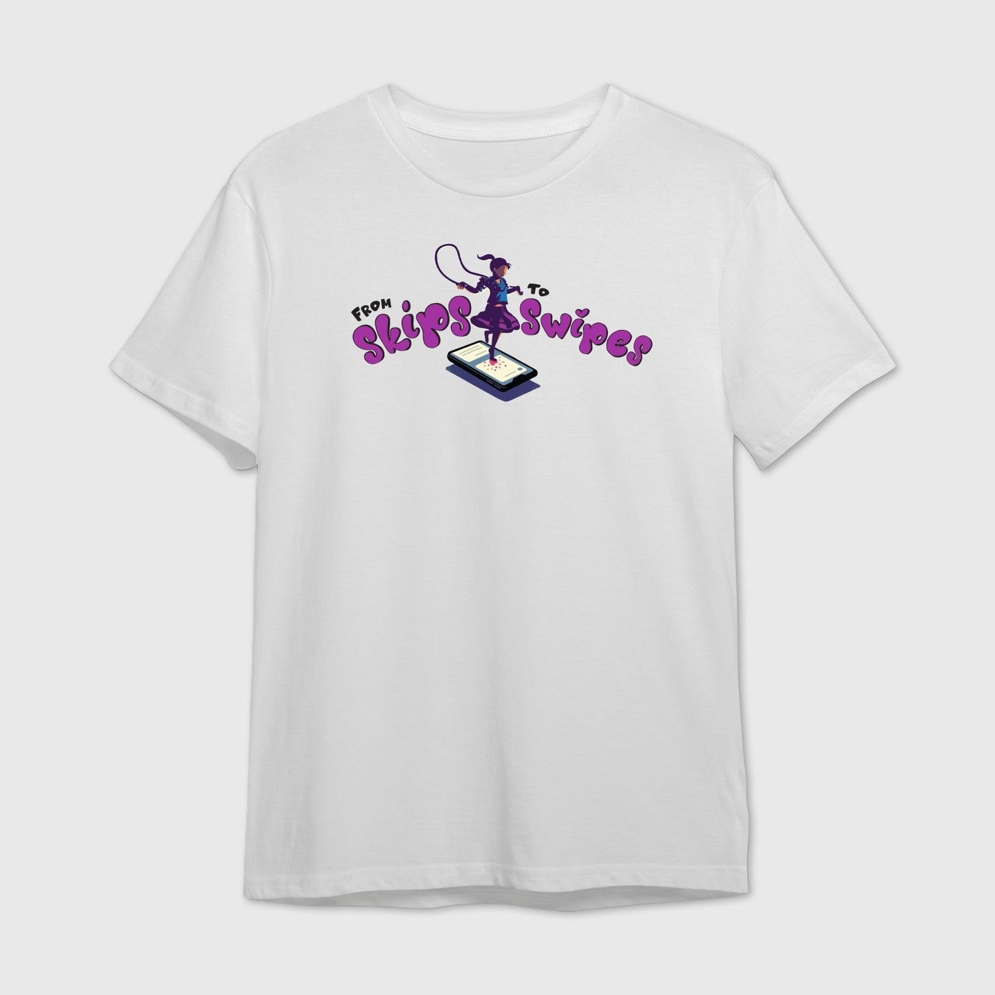White t-shirt with graphic design and text 
