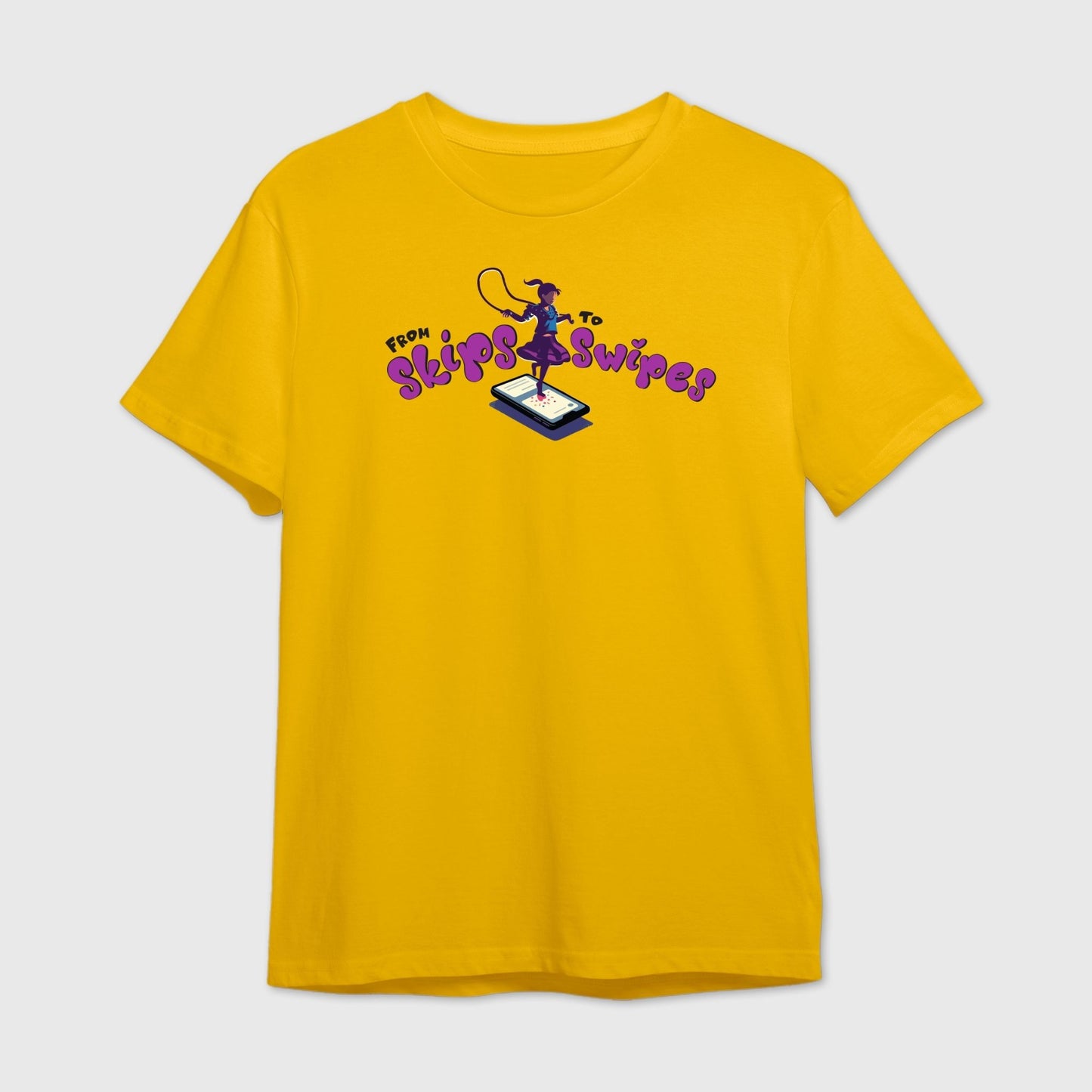 Yellow t-shirt with graphic design and text 