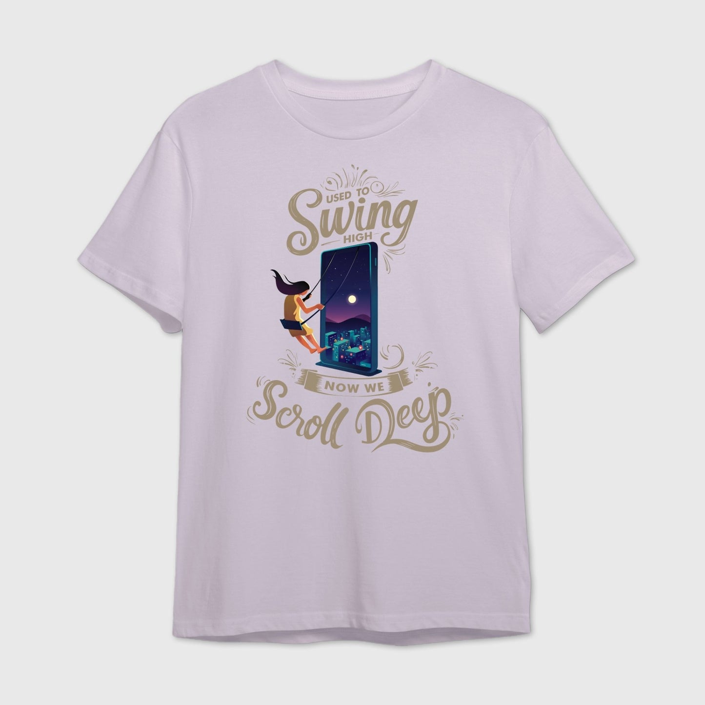 Lavender t-shirt with graphic design and text