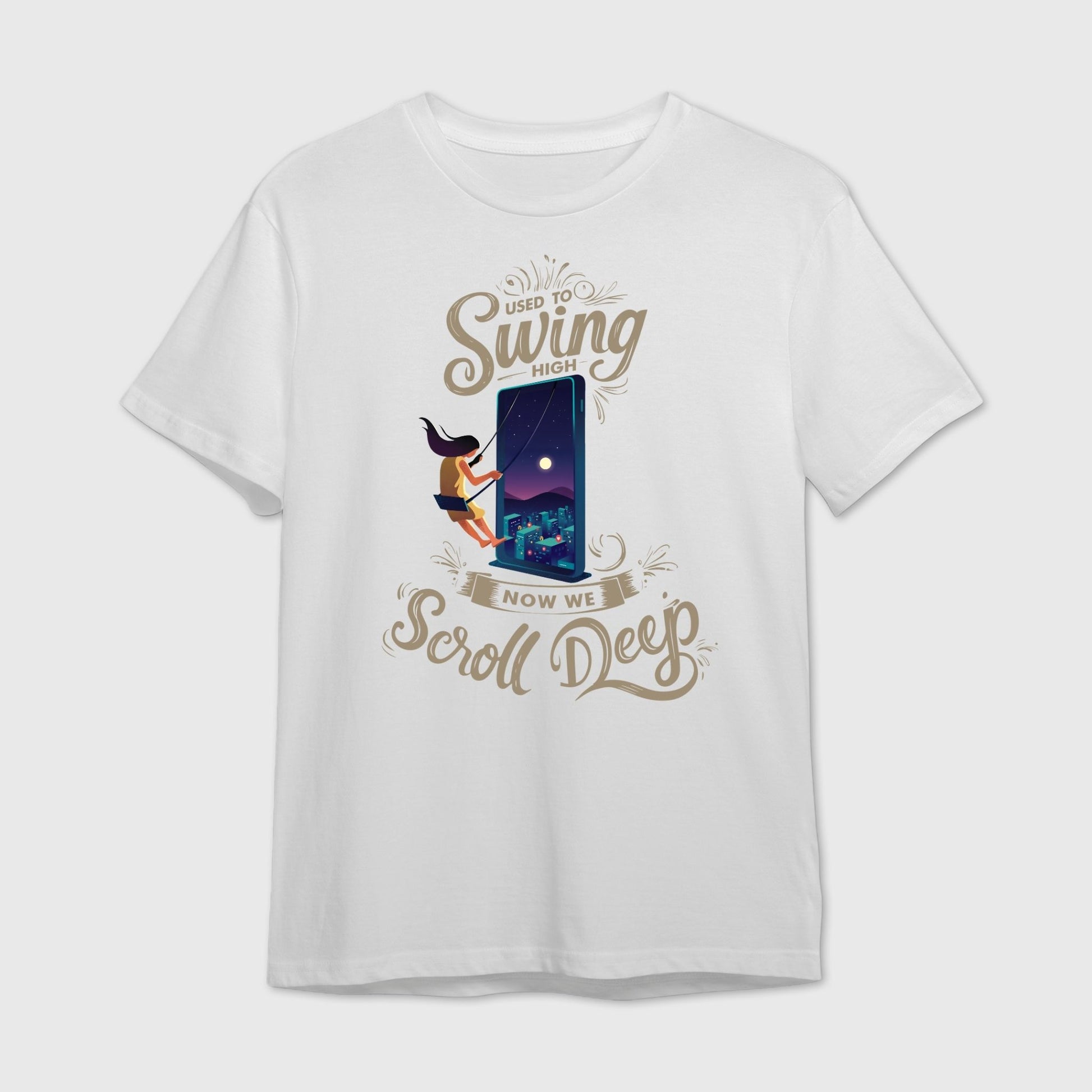 White t-shirt with graphic design and text