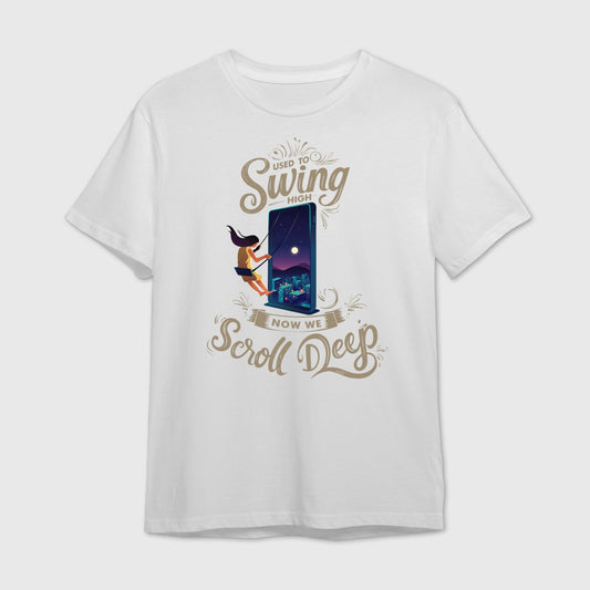White t-shirt with graphic design and text