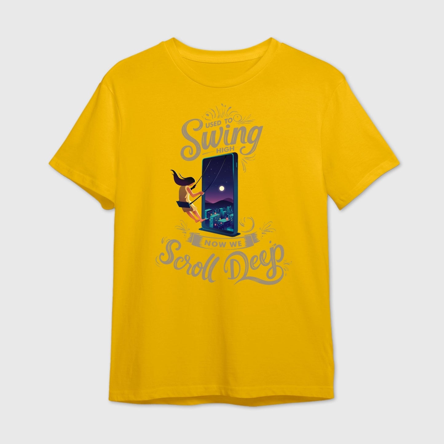 Yellow t-shirt with graphic design and text