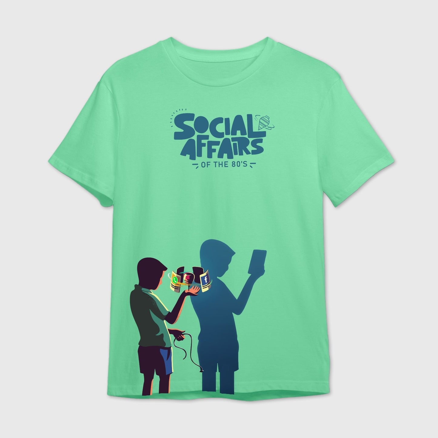 Mint green t-shirt with graphic design of two people one with spinning Top and other with mobile phones and 'Social Affairs of the 80's' text.