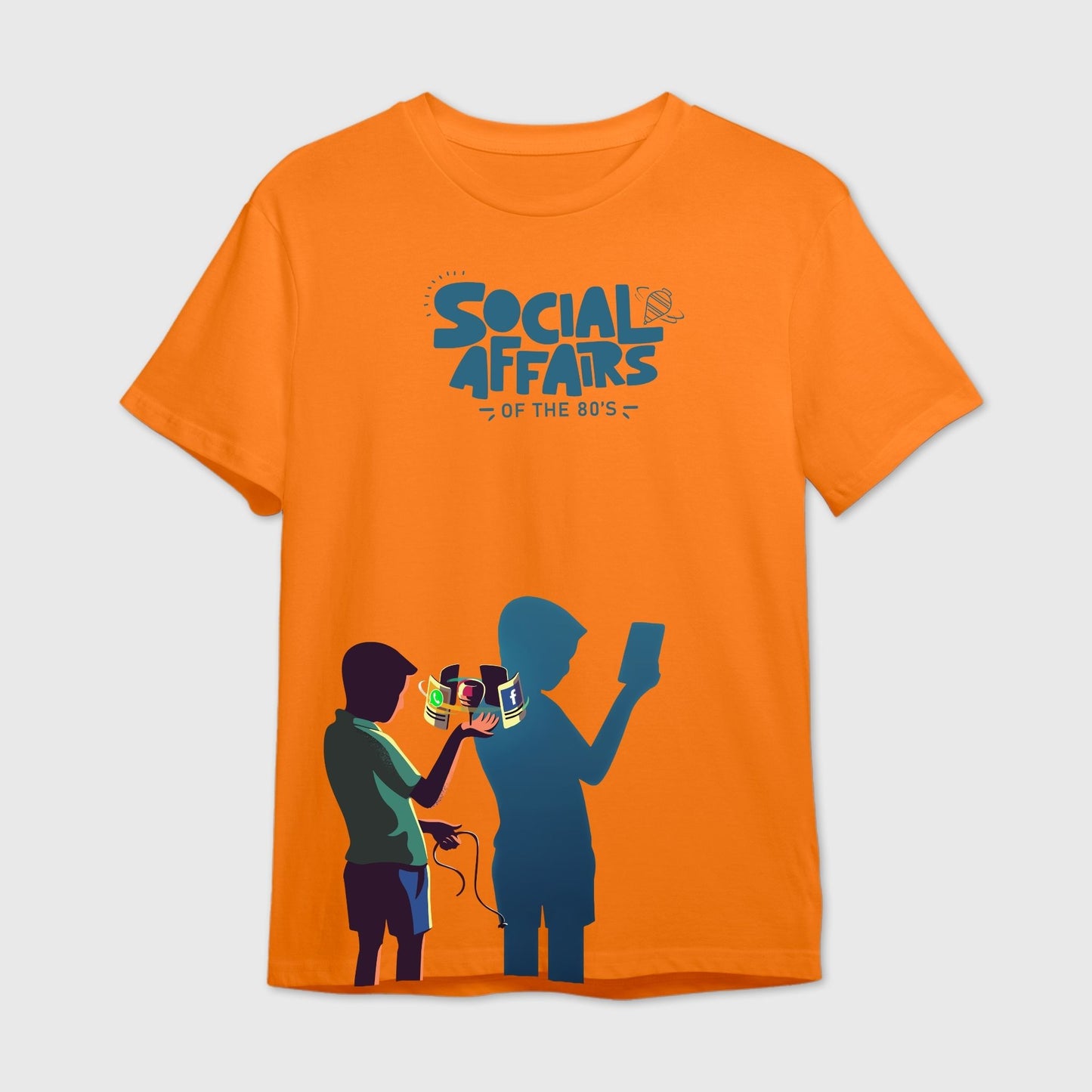 orange t-shirt with graphic design of two people one with spinning Top and other with mobile phones and 'Social Affairs of the 80's' text.