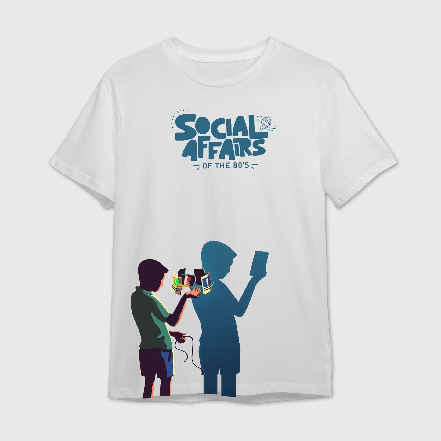 White t-shirt with graphic design of two people one with spinning Top and other with mobile phones and 'Social Affairs of the 80's' text.
