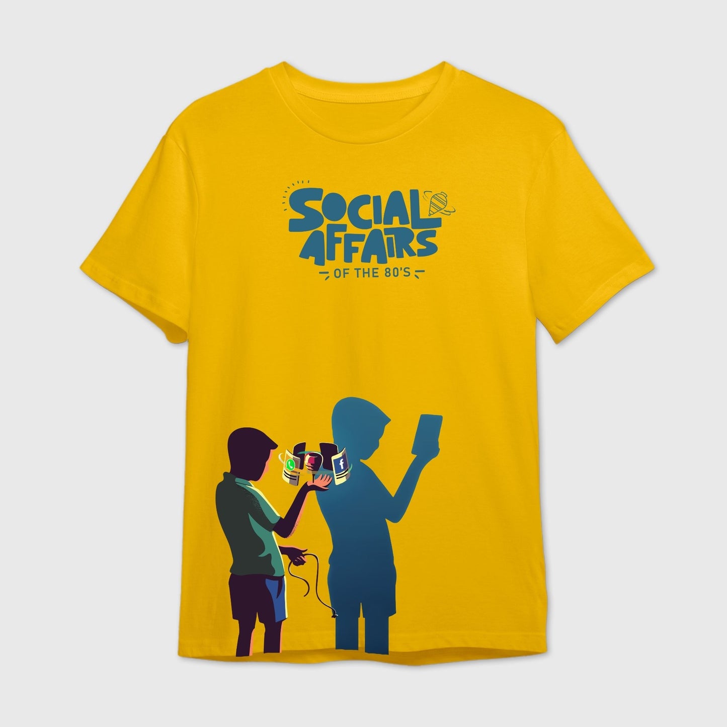 yellow t-shirt with graphic design of two people one with spinning Top and other with mobile phones and 'Social Affairs of the 80's' text.
