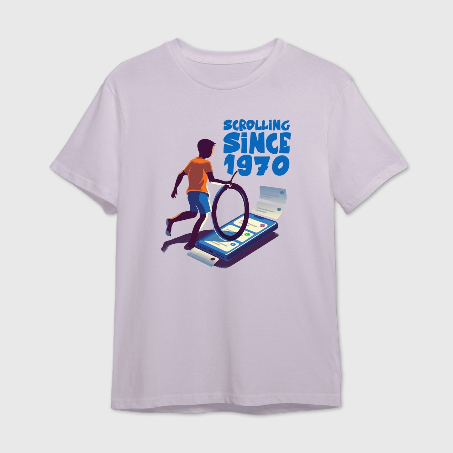 Lavender t-shirt with a graphic design of a person scrolling on a smartphone and text 'Scrolling Since 1970' 
