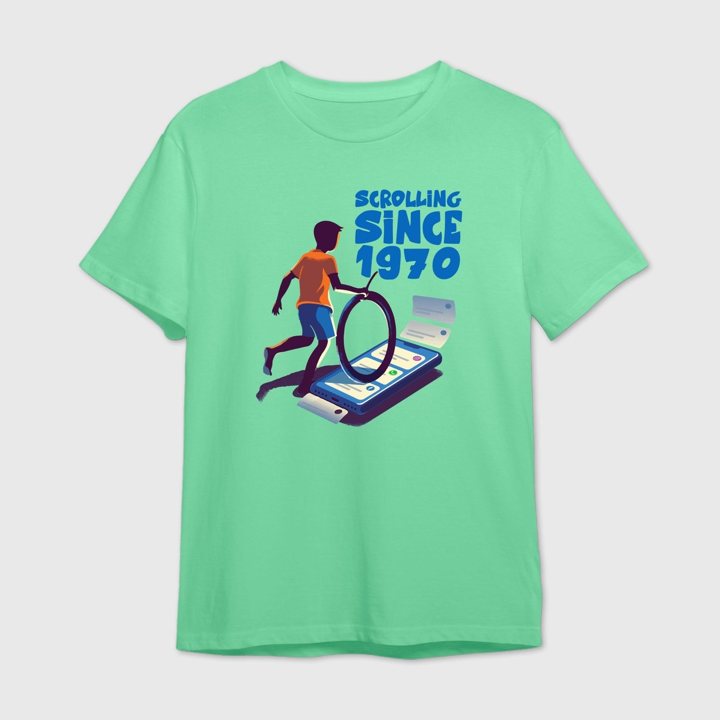 Mint green t-shirt with a graphic design of a person running on a smartphone screen with text 'Scrolling Since 1970' 