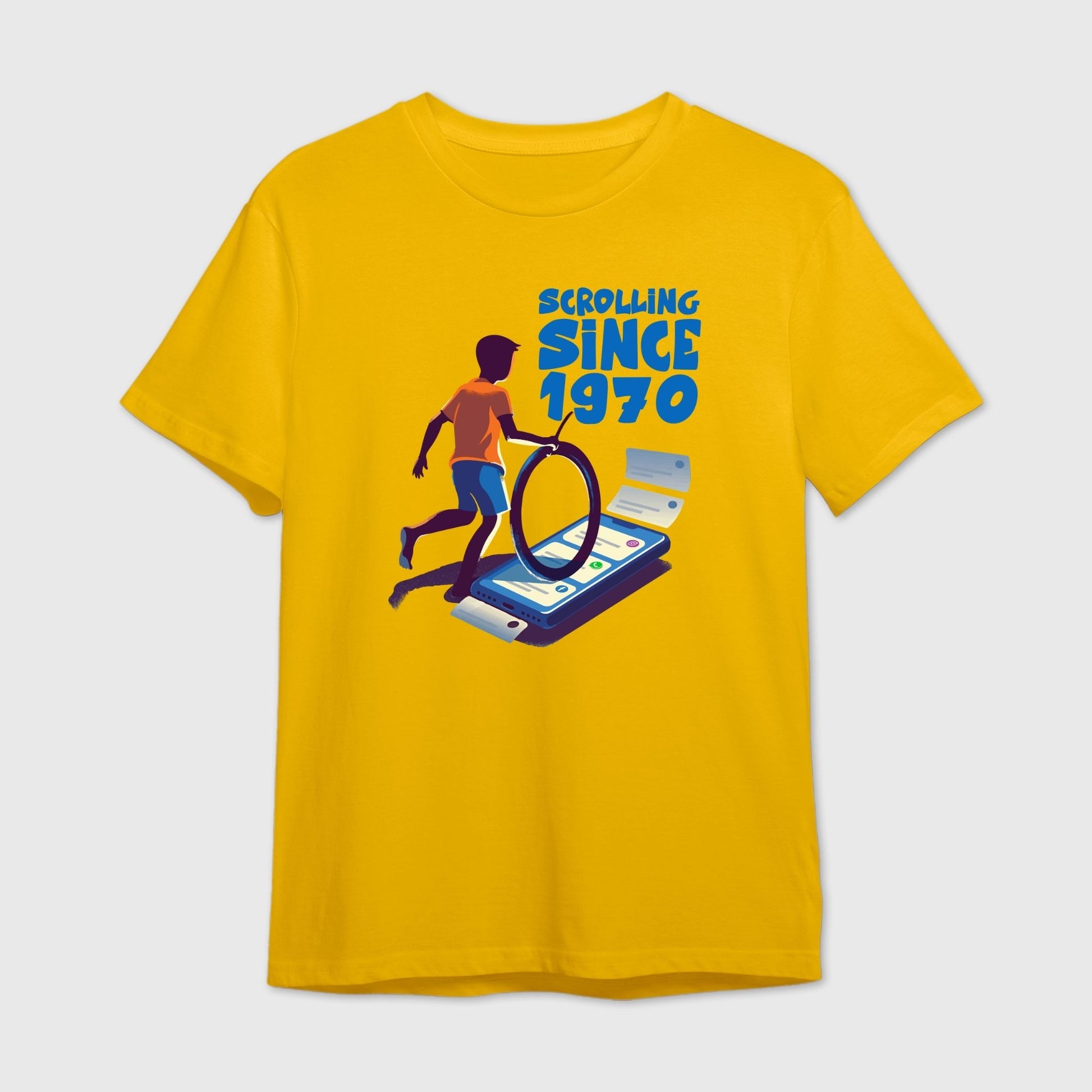 Yellow t-shirt with a graphic design of a person running on a smartphone screen with text 'Scrolling Since 1970' 