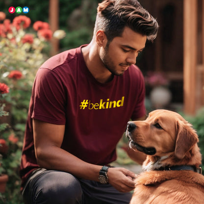 "Radiant Kindness: Maroon T-Shirt with Vibrant Yellow #beKind Print"