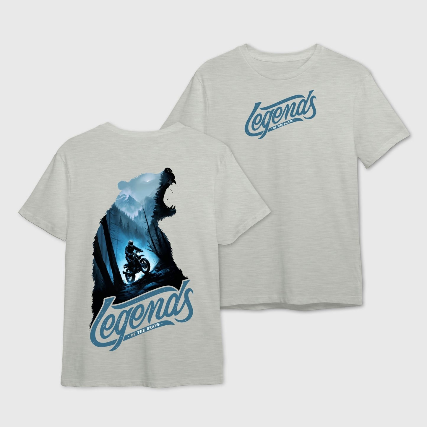 Grey t-shirt with bear and motorcycle graphic and 'Legends' text