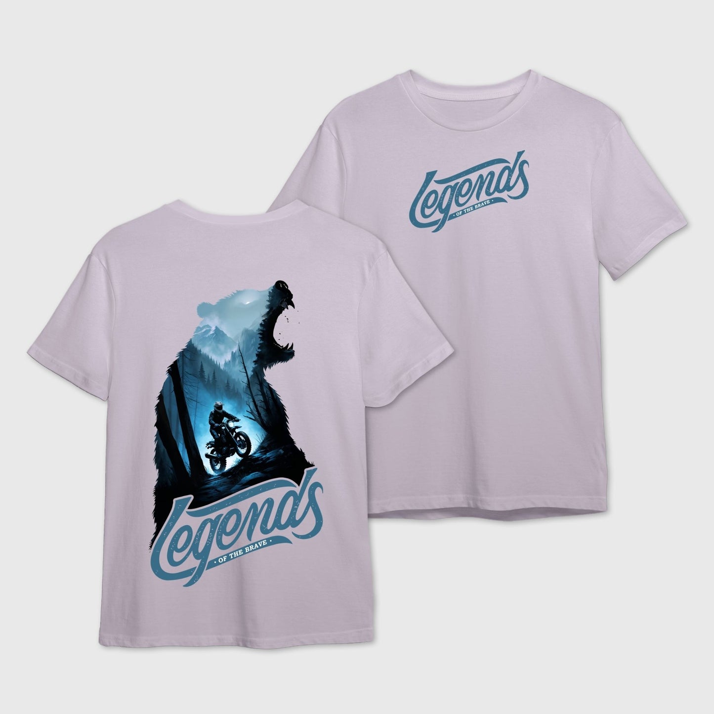 Lavender t-shirt with bear and motorcycle graphic and 'Legends' text