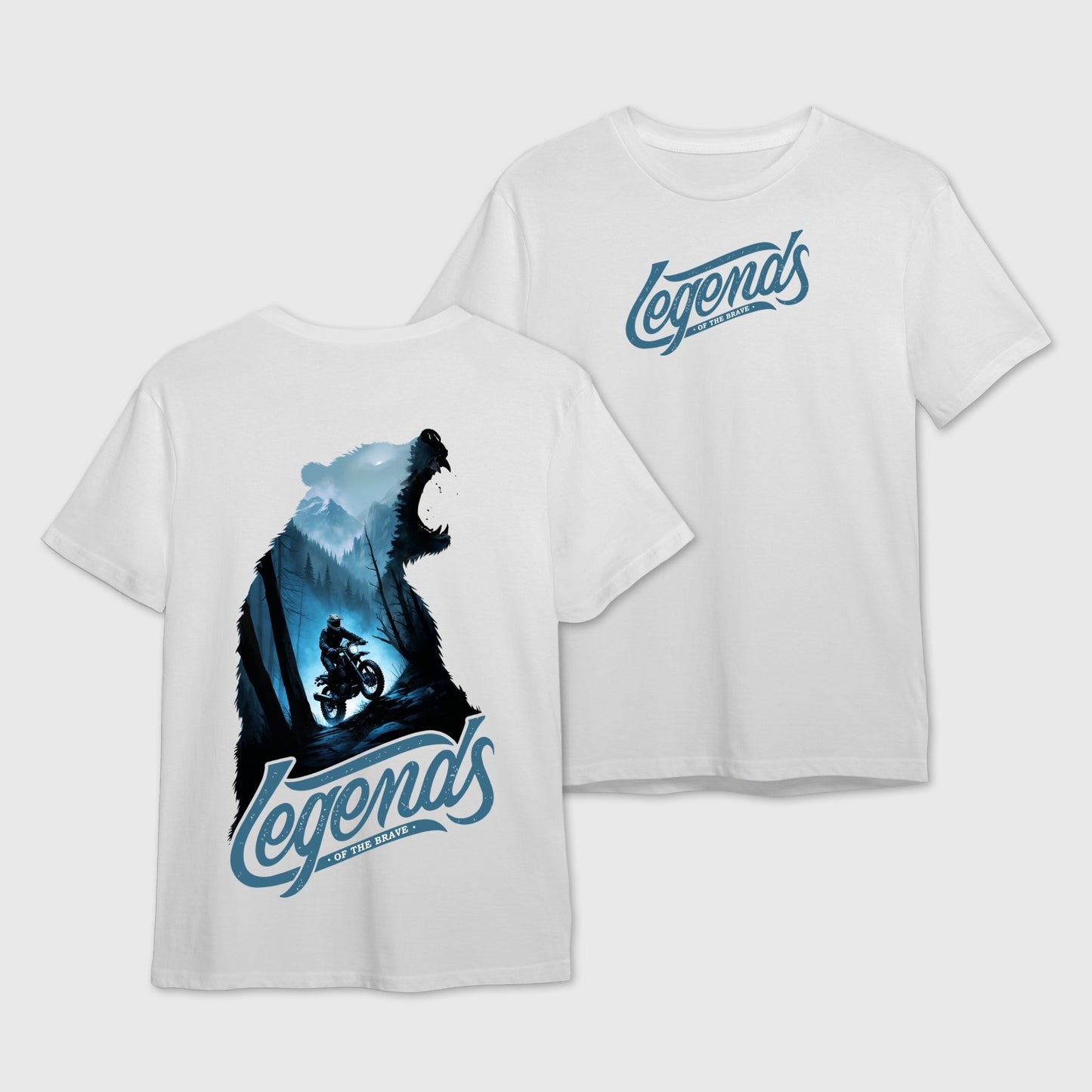 White t-shirt with bear and motorcycle graphic and 'Legends' text