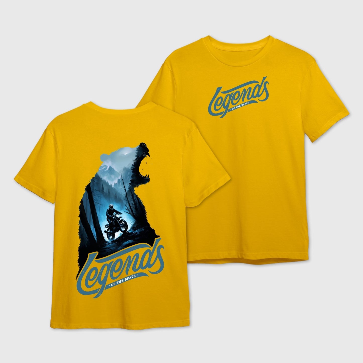 Yellow t-shirt with bear and motorcycle graphic and 'Legends' text