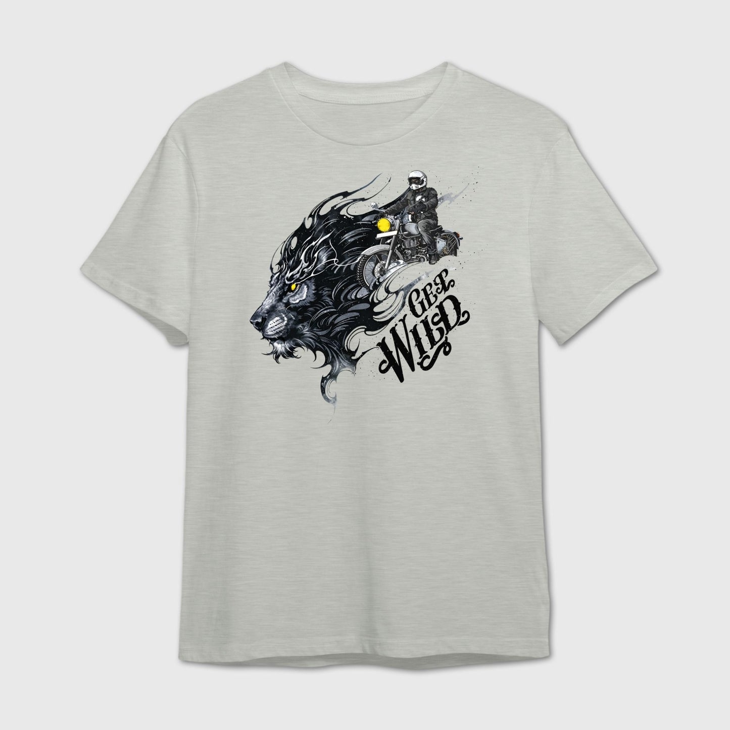 Grey t-shirt with a graphic of a lion and motorcyclist with 'Get Wild' text
